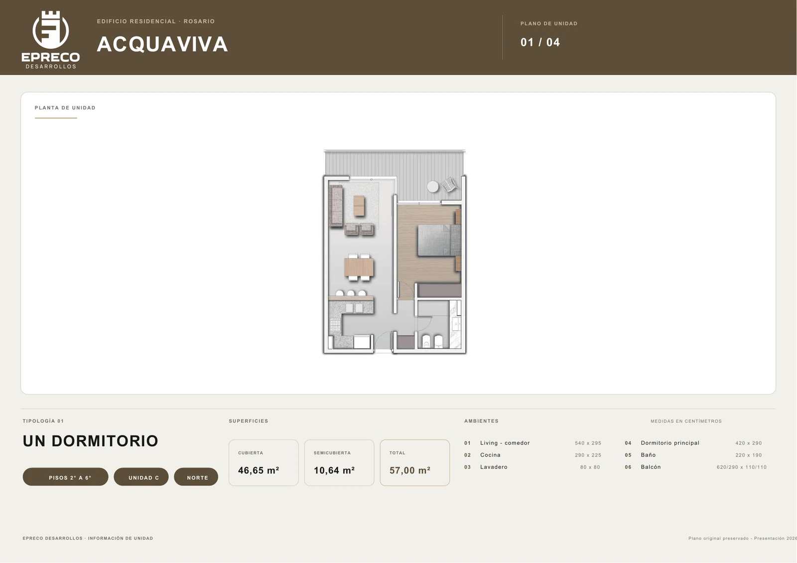 Plano Acquaviva de 1 dormitorio y 57 metros cuadrados
